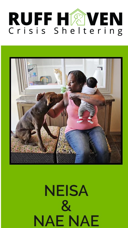 A dog with a woman and baby who were helped by Ruff Haven. Their names are Neisa and Nae Nai