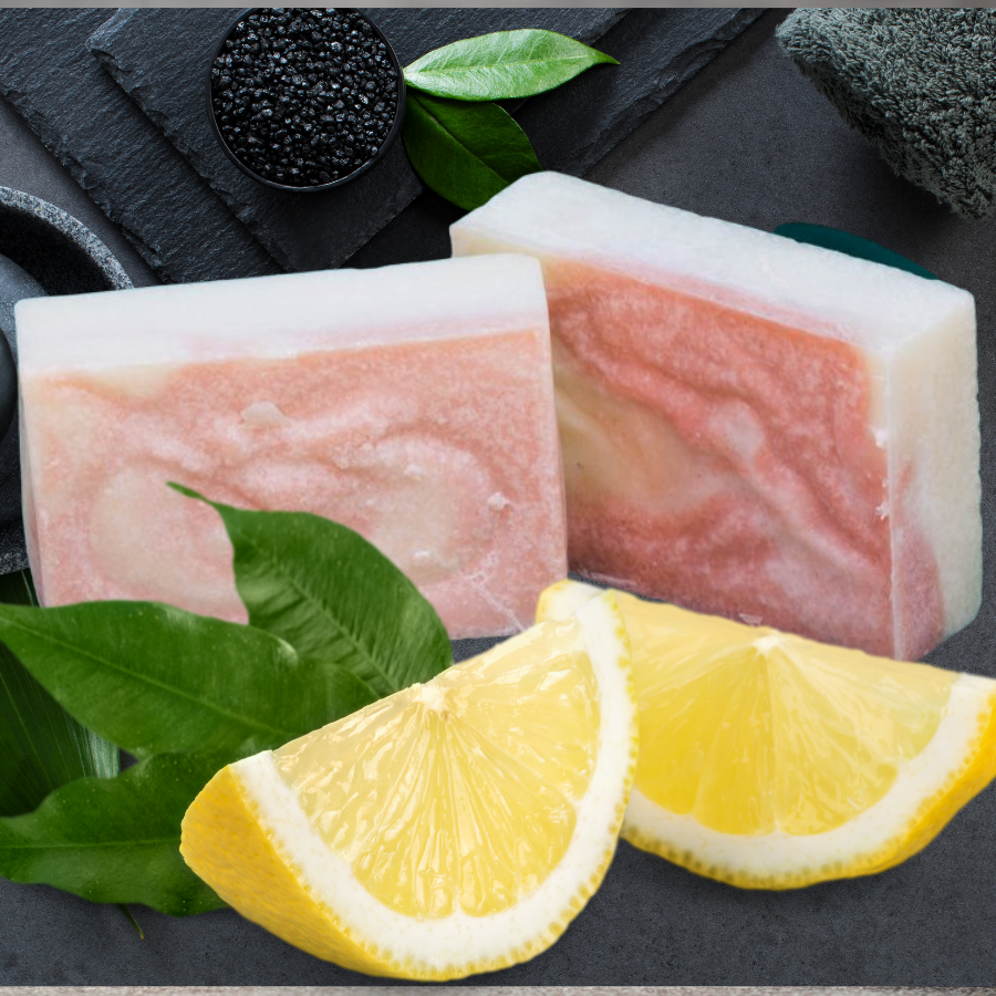 pink and white soaps with lemon and eucalyptus leaves