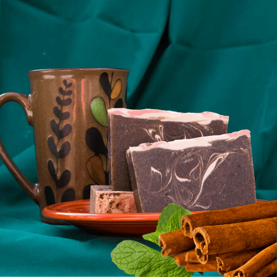 a mug, dark, grainy coffee soap, and cinnamon and peppermint. 