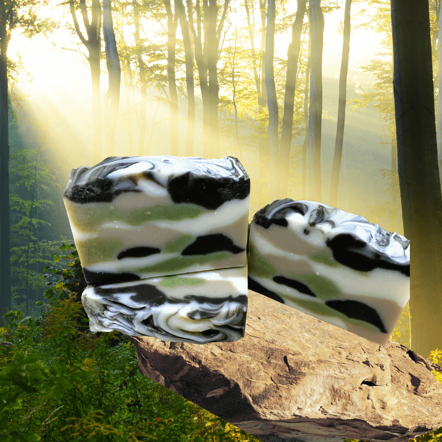 camo soaps on a rock in a sunbeam